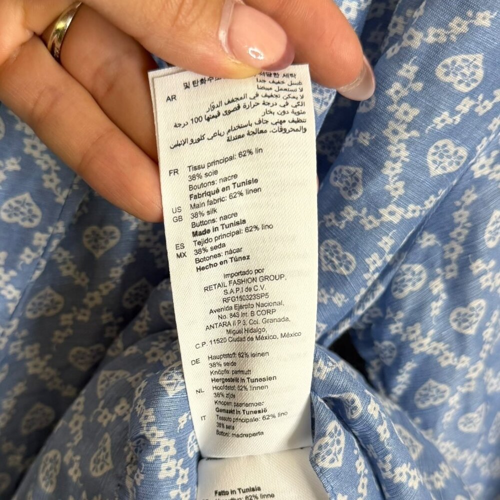 Sandro Million Linen Silk Tiered Belted Floral Crepe‎ Mini Shirt Dress Blue 6 - Picture 8 of 8